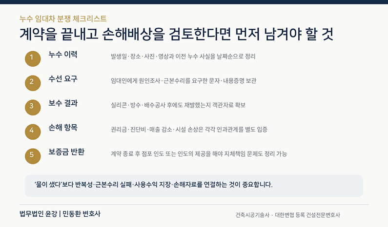 상가 누수 분쟁에서 누수 이력 수선 요구 보수 결과 권리금과 영업손실 증거 및 점포 인도를 확인하는 실무 체크리스트